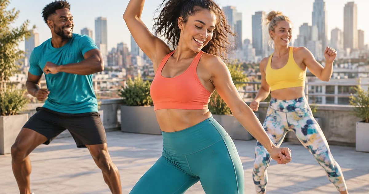 Three friends enjoying an energetic outdoor dance fitness workout